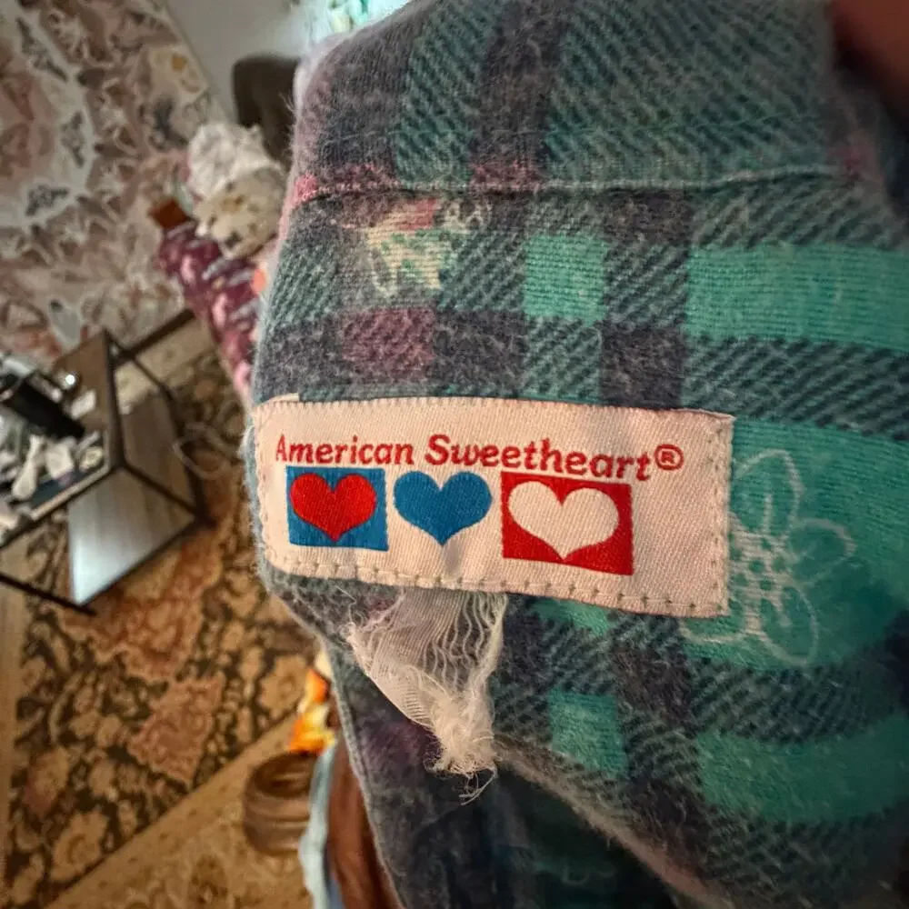 Vintage Teal Pink Plaid Flannel w Flower Print Long Sleeve Button Up Shirt M/L - Picture 3 of 5